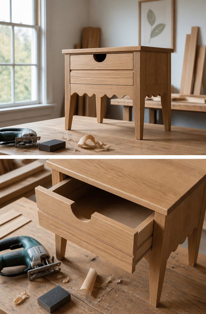 Nightstand drawer fronts with a half circle cutout and routed groove