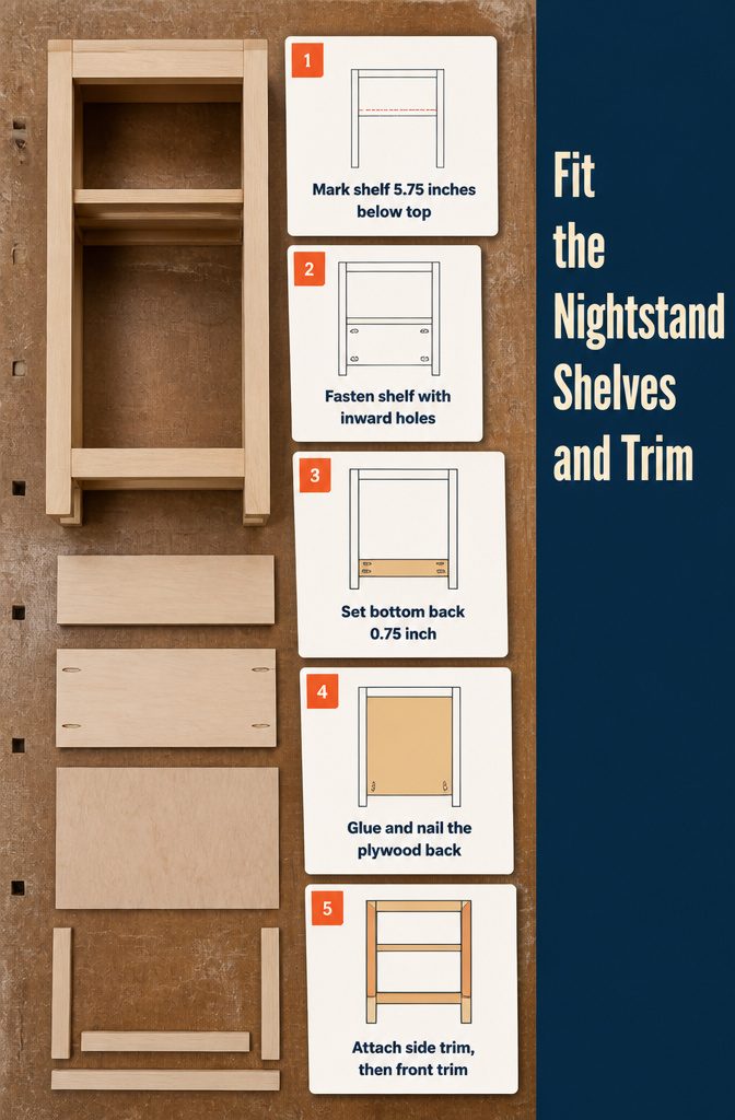 Nightstand case fitted with shelves a bottom panel and back