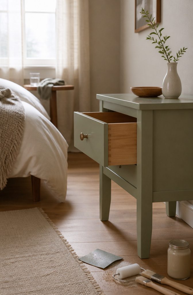 Finished nightstand with open drawer beside sanding and painting supplies