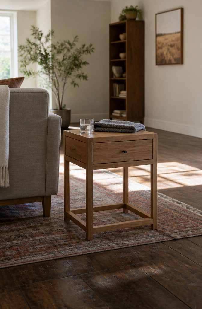 Nightstand with open back showing the drawer mechanism