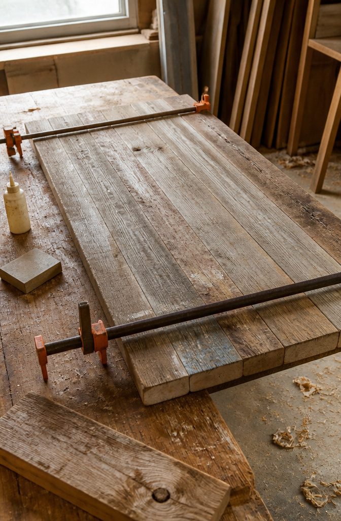 Reclaimed 2×4 boards clamped edge to edge with knots and faded paint