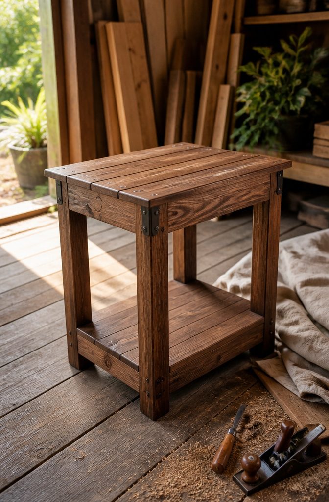 Rustic end table with finished surface and decorative hardware