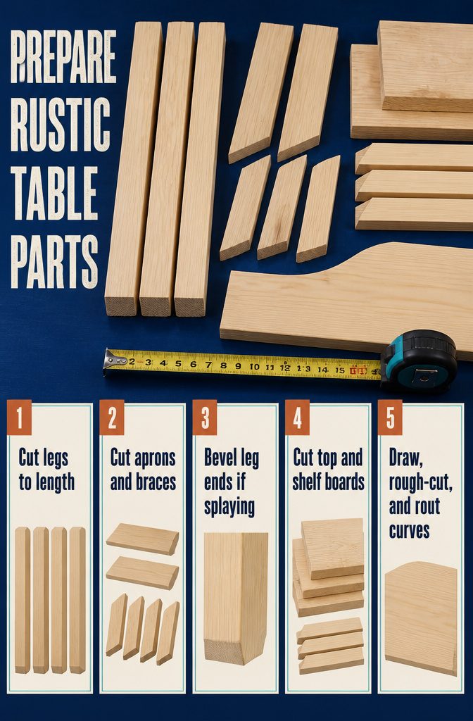 Cut wooden legs aprons braces and boards arranged for assembly