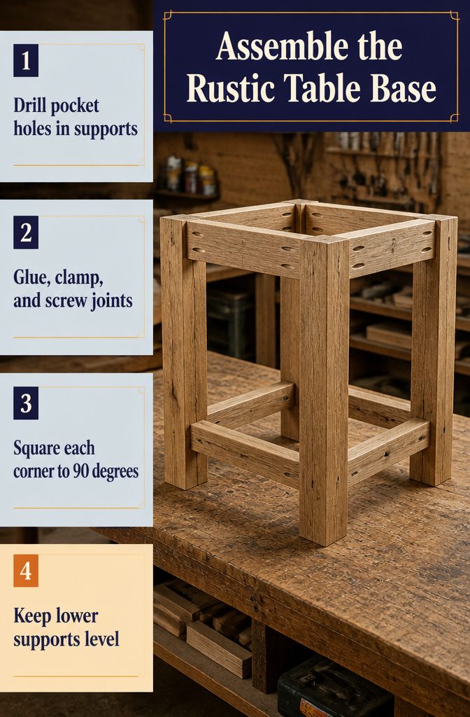 Rustic table base with legs and support boards joined at the corners