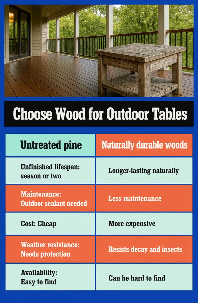 Wood samples for outdoor tables beside screws and protective finish