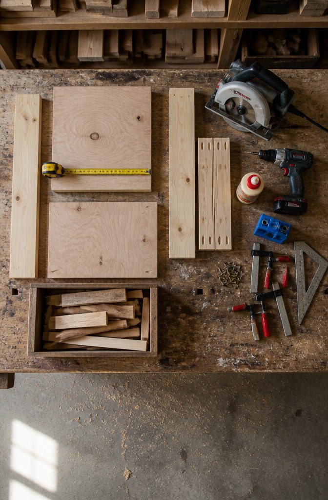Rustic end table beside lumber and tools for planning its size
