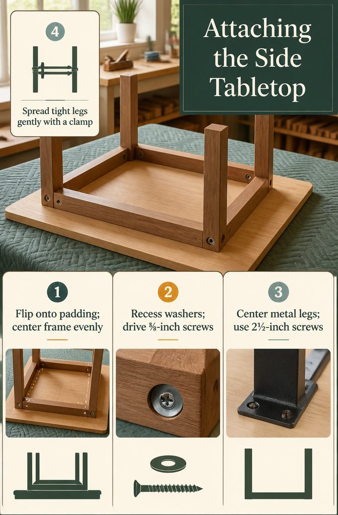 Tabletop underside above a frame with recessed washers in the aprons