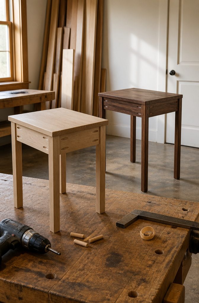 Two finished side tables with a drill dowels and square on a workbench