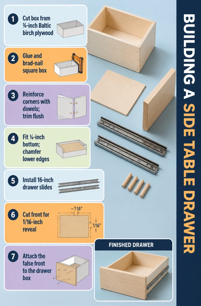Plywood drawer box with dowels set into its corner joints