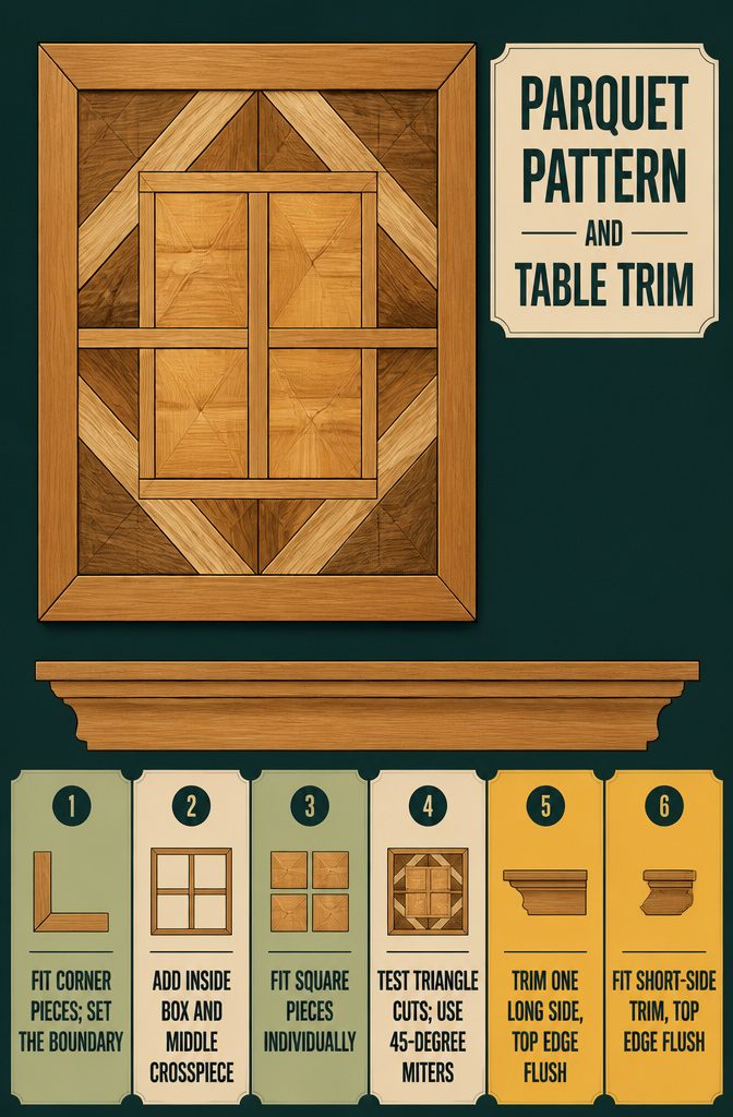 Parquet tabletop with square and triangle pieces inside a wooden trim