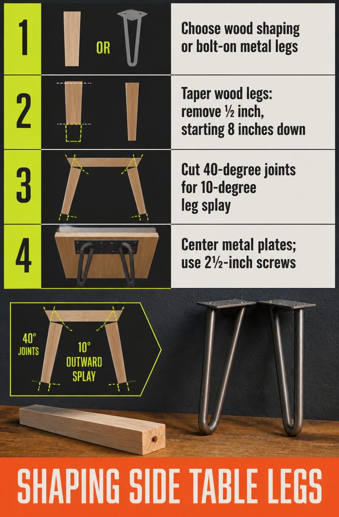 Wooden table leg held in a plywood tapering jig beside a saw