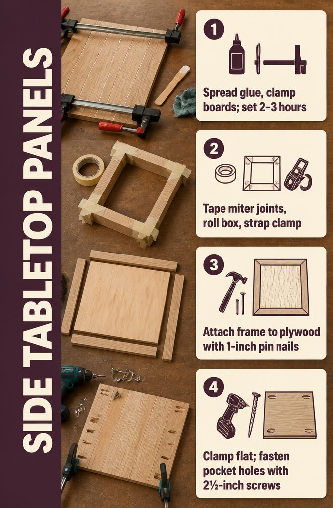 Wood boards joined edge to edge with bar clamps holding the panel