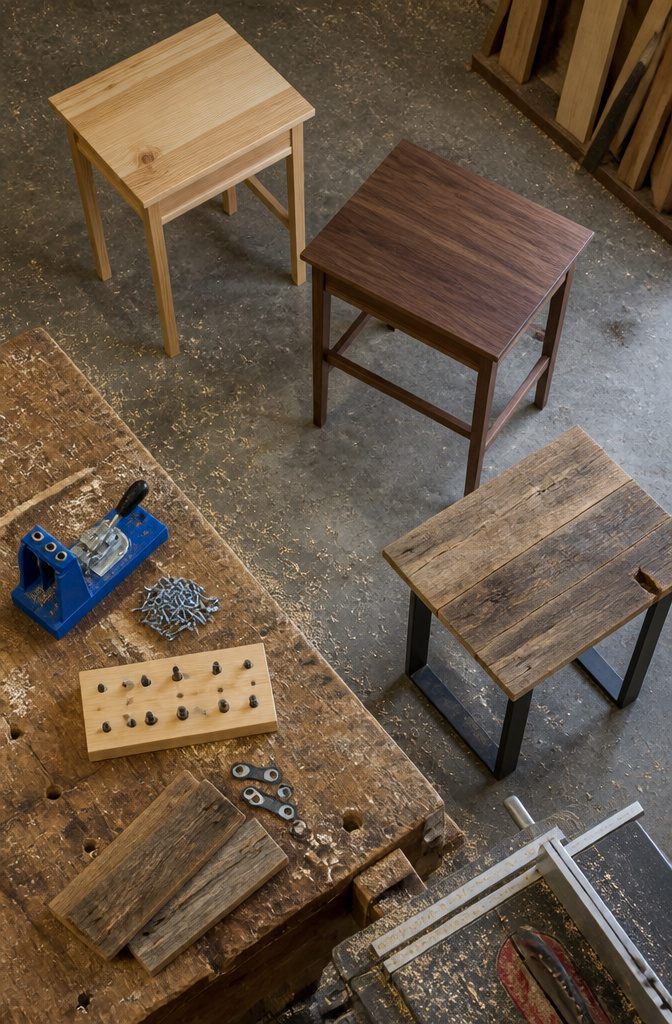Side table beside lumber and woodworking tools on a workbench