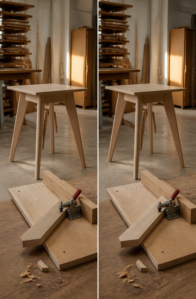 Tapered wooden table legs with outward splay and beveled ends