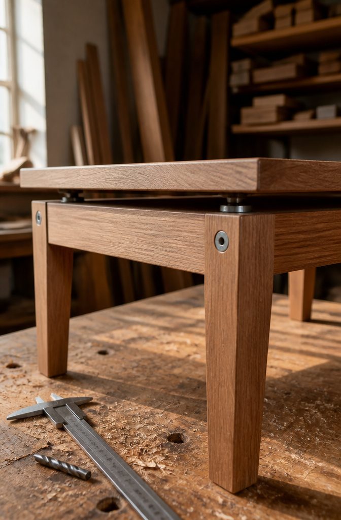 Underside of solid wood tabletop with recessed washers and screws above an apron