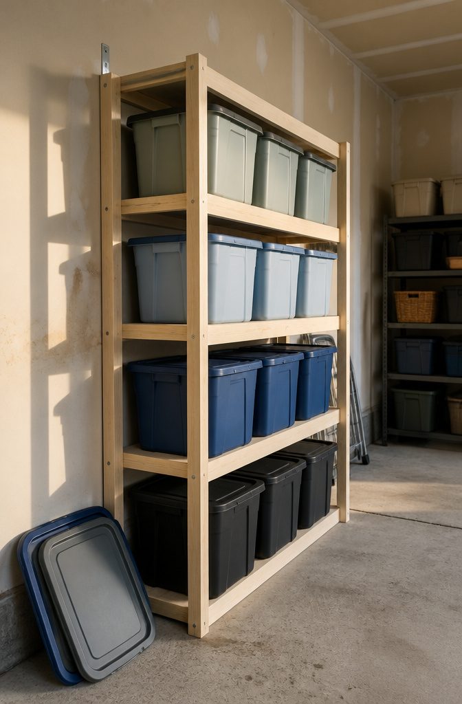 Loaded tote rack secured to garage wall with metal L brackets