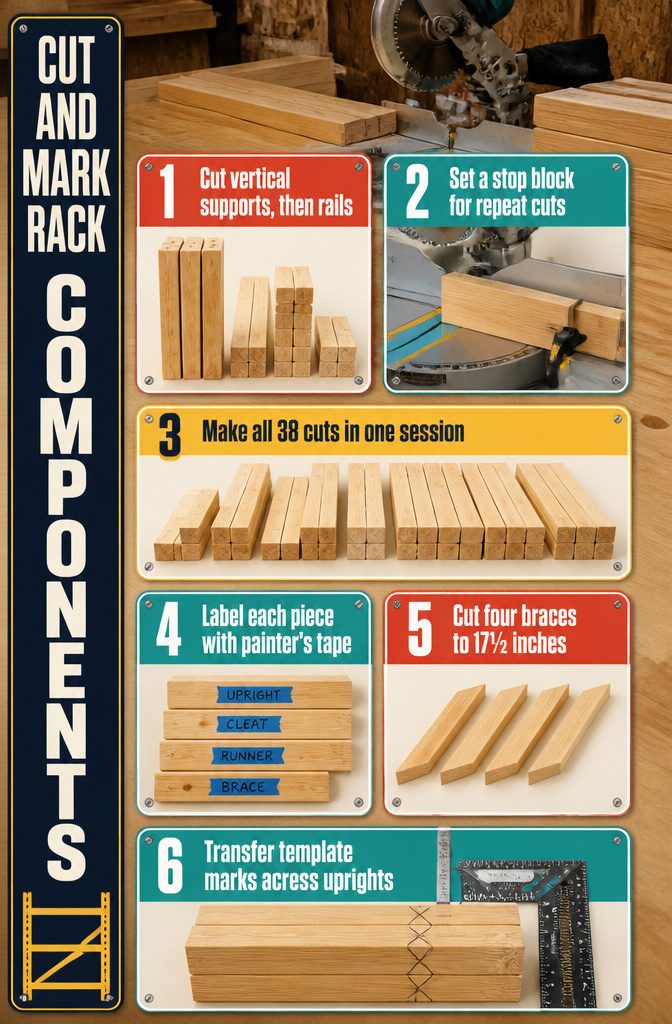 Rack components marked with tape beside a saw