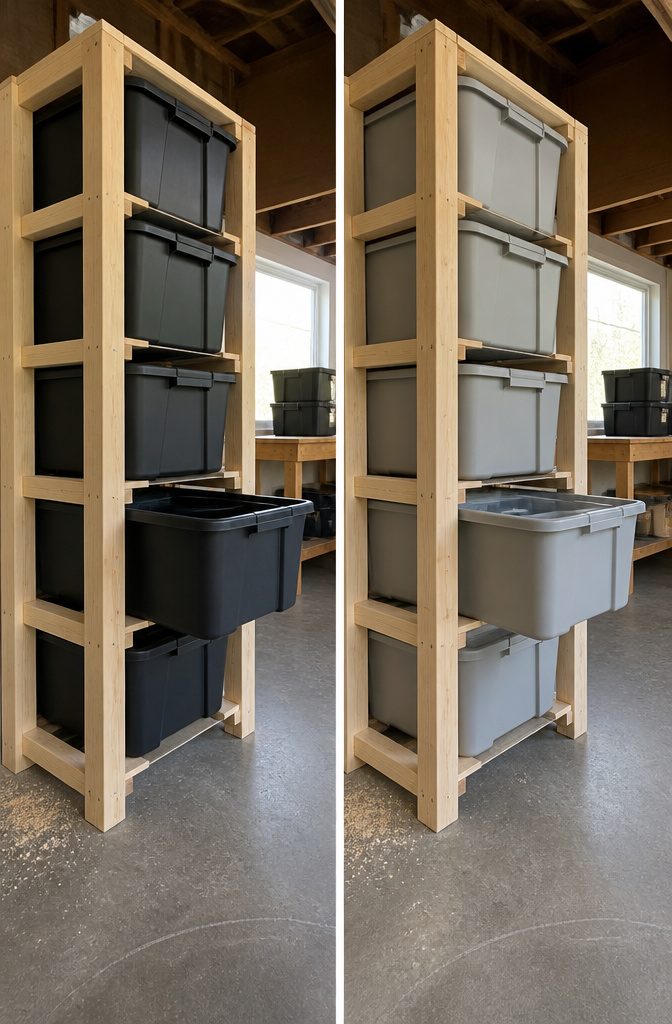 Storage tote lip resting on paired wooden rack runners