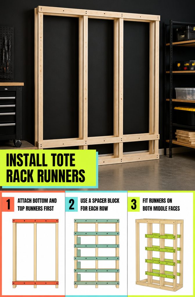 Wooden tote rack uprights fitted with horizontal runners