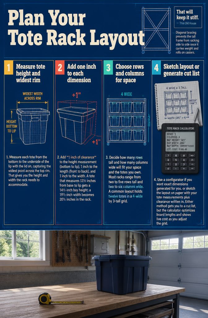 Tote rack layout graphic with measurements and storage grid