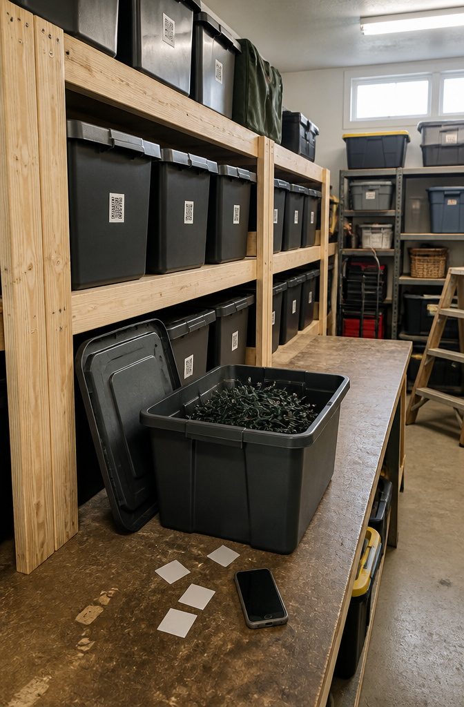 Garage rack of labeled storage totes beside an open bin of coiled lights