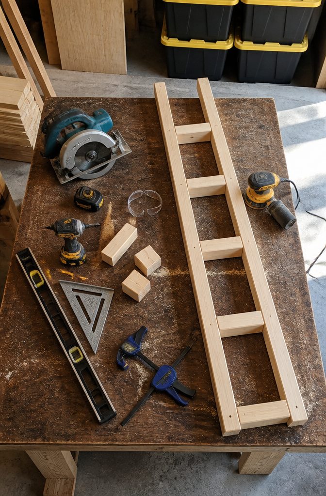 Tape measure square saw drill clamps and level for rack assembly