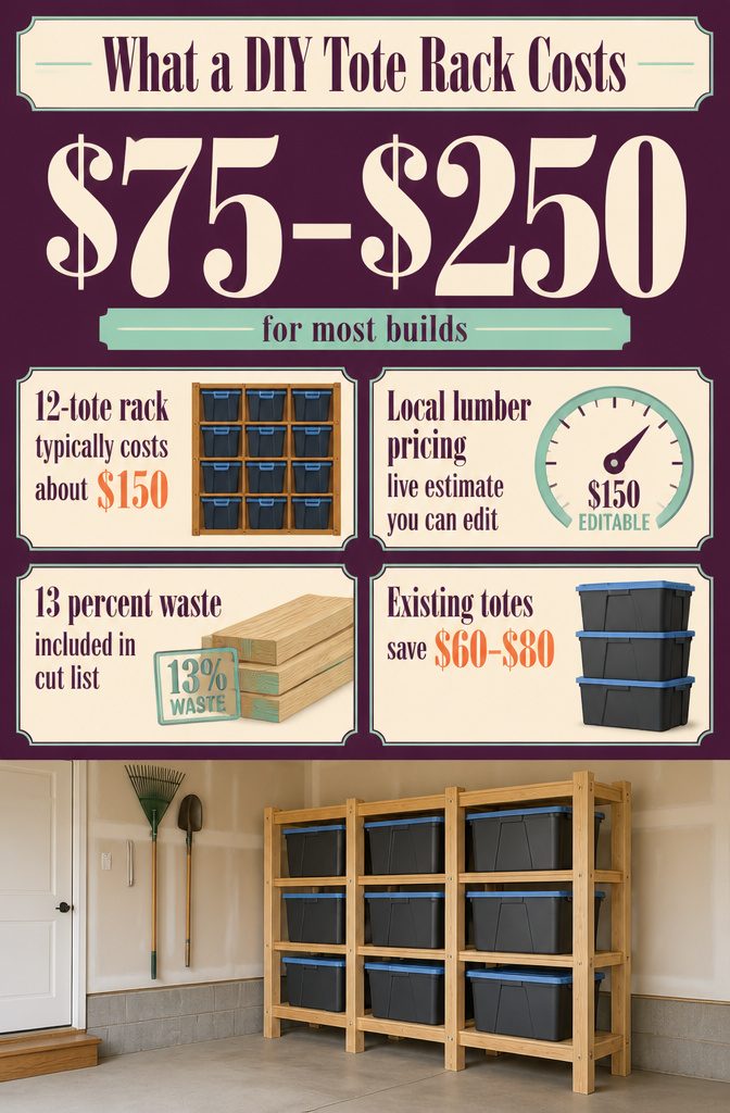 Cost breakdown graphic for building a tote storage rack
