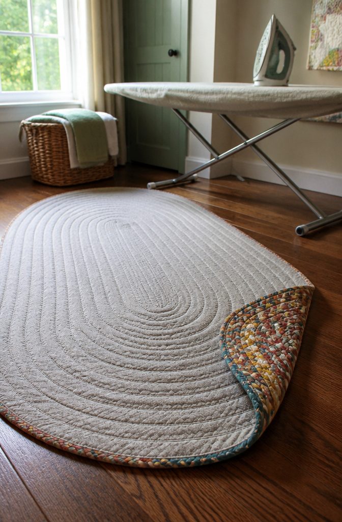 Braided cotton rug underside covered in interfacing beside an iron and ironing board