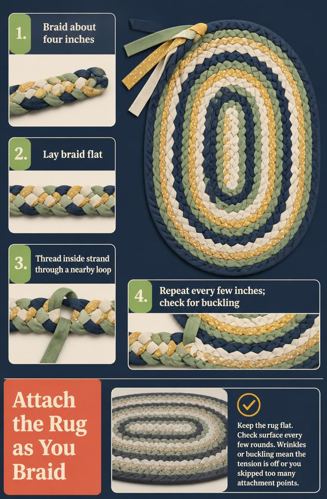 Braided fabric strands looped together along a growing rug coil