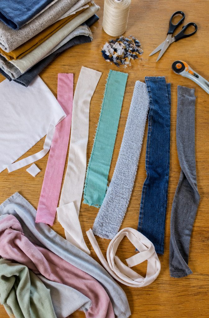 Fabric strips from old T-shirts sheets towels jeans and blankets