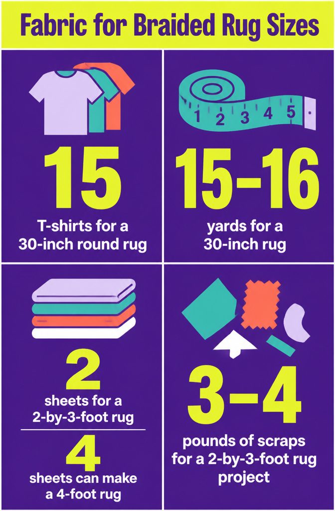 Braided rug size chart with fabric quantities for several rug projects