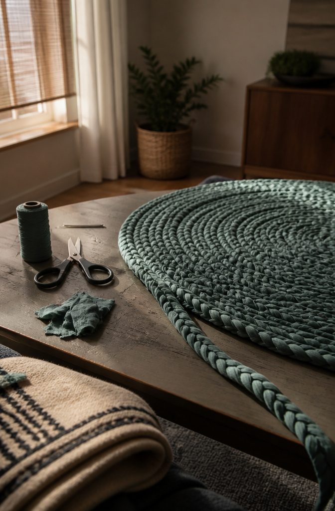 Blue-green cotton braid tapered and stitched to a rug edge with scissors nearby