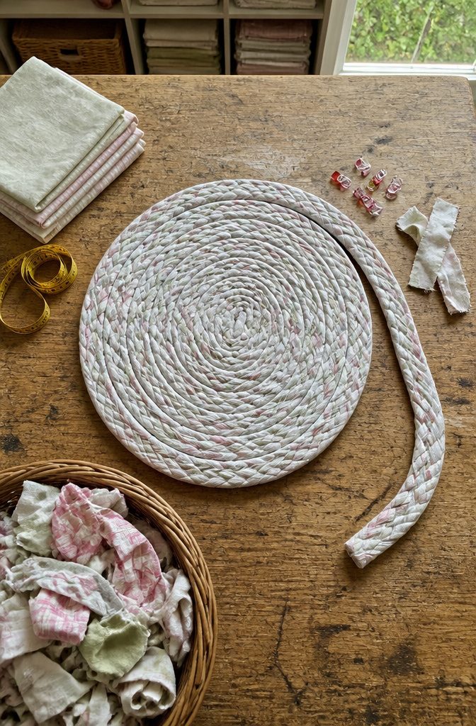 Braided fabric rug coiled into a loose spiral on a work surface