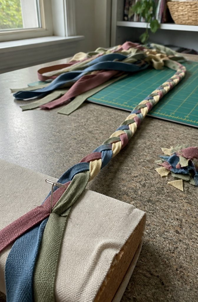 Muted cotton braid pinned to a fabric-wrapped brick over cork