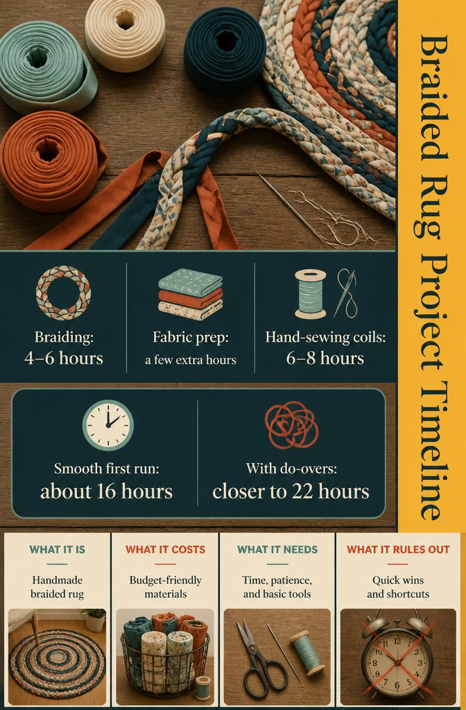 Braided rug project timeline graphic listing preparation braiding and sewing
