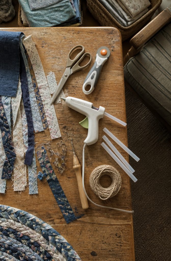 Rug-making supplies including scissors rotary cutter needle clips string and glue gun