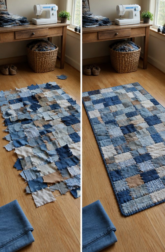 Denim rug made with blue shades brown fabric white denim and striped pieces