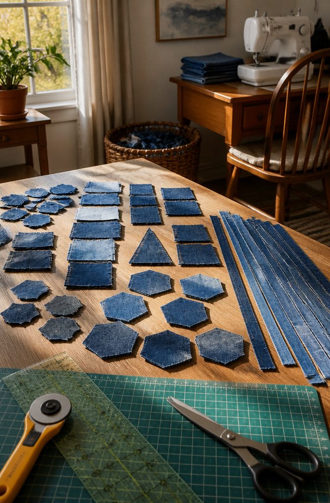 Denim squares rectangles triangles hexagons and strips beside cutting tools
