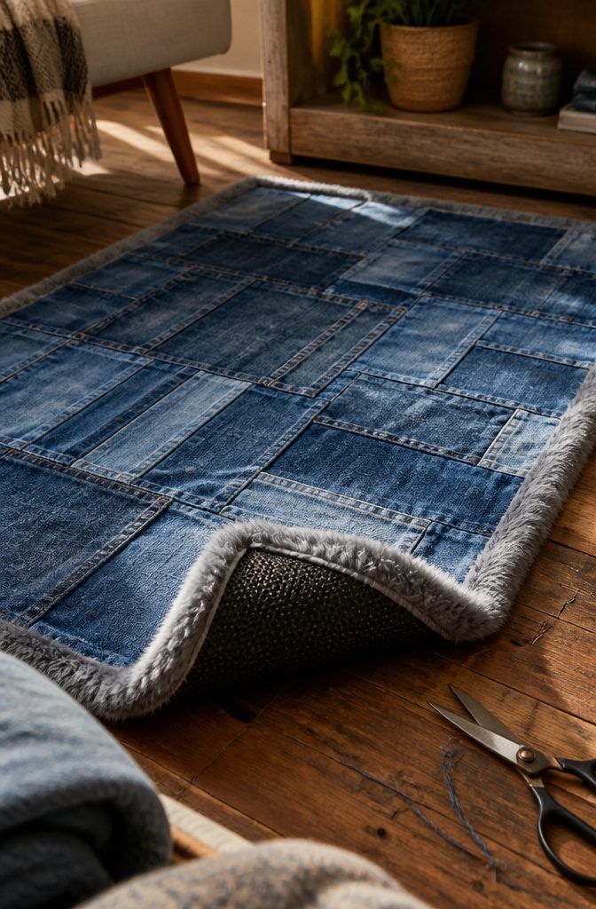Completed denim rug with stitched edges resting on a floor
