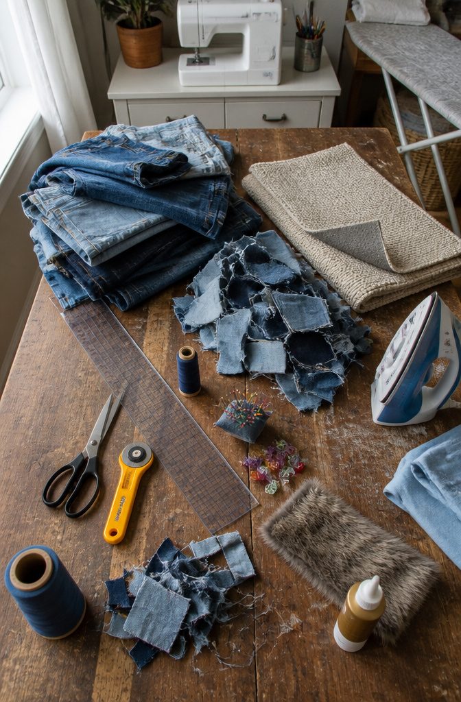 Old jeans beside scissors ruler thread pins iron and sewing machine