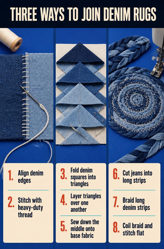 Diagram of sewn denim pieces layered triangles and a braided rug