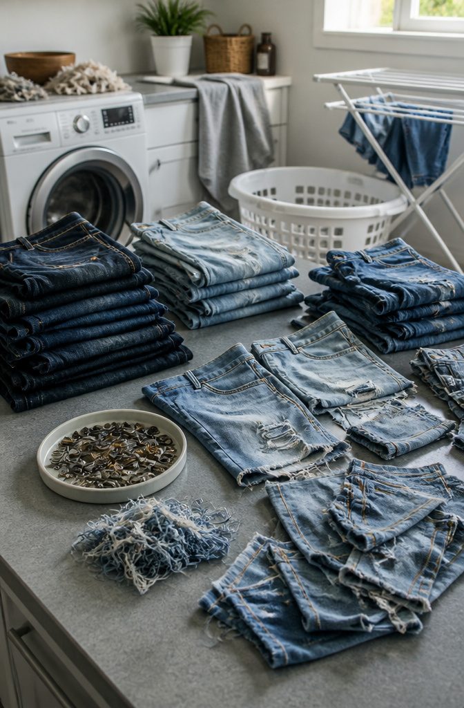 Dark and light denim piles with damaged fabric and hardware in a dish
