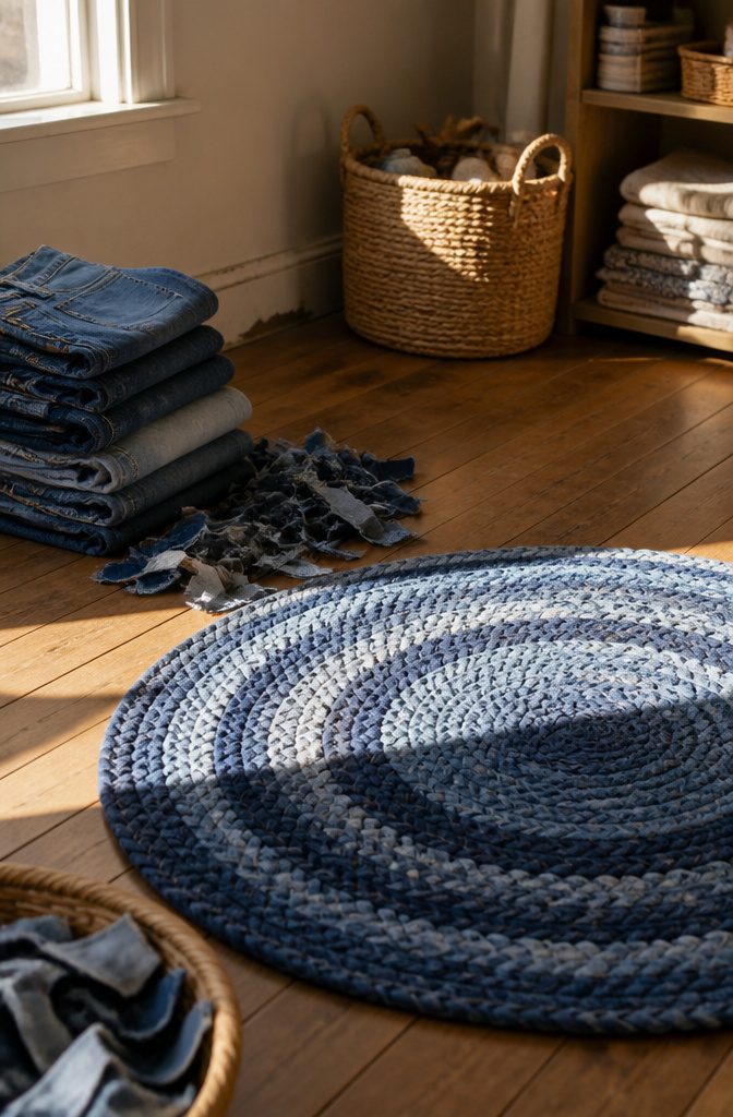 Worn jeans denim scraps and a compact braided rug on a wooden floor