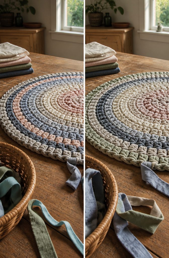 Rag rug lying flat with extra knots along its outer rounds