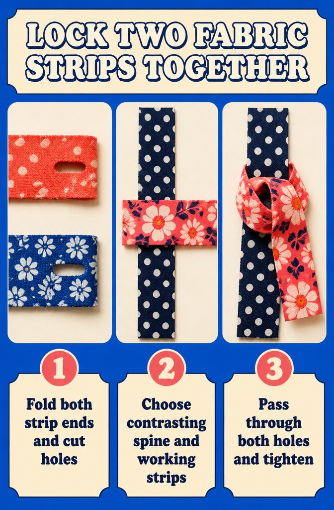 Two fabric strips joined through buttonhole-like cuts