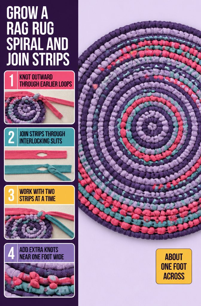 Rag rug spiral with fabric strips joined through small slits