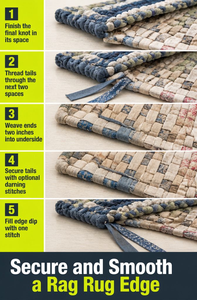 Rug underside with fabric tails woven through knots