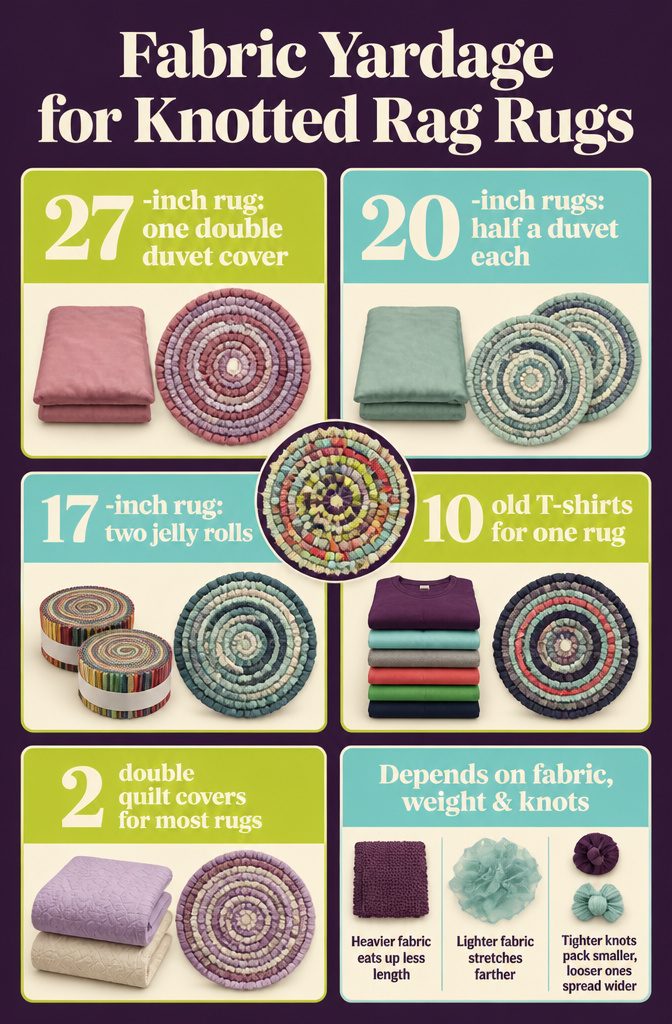 Fabric yardage chart for knotted rag rugs in several sizes