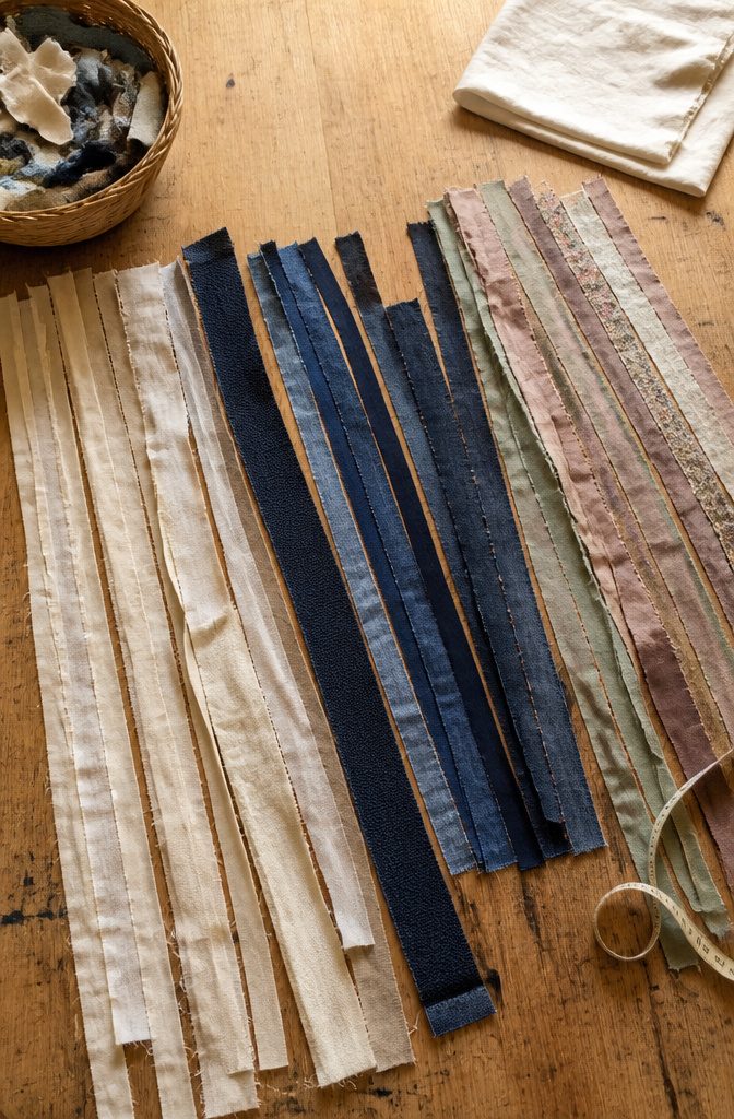 Fabric strips laid out in color groups before rug making