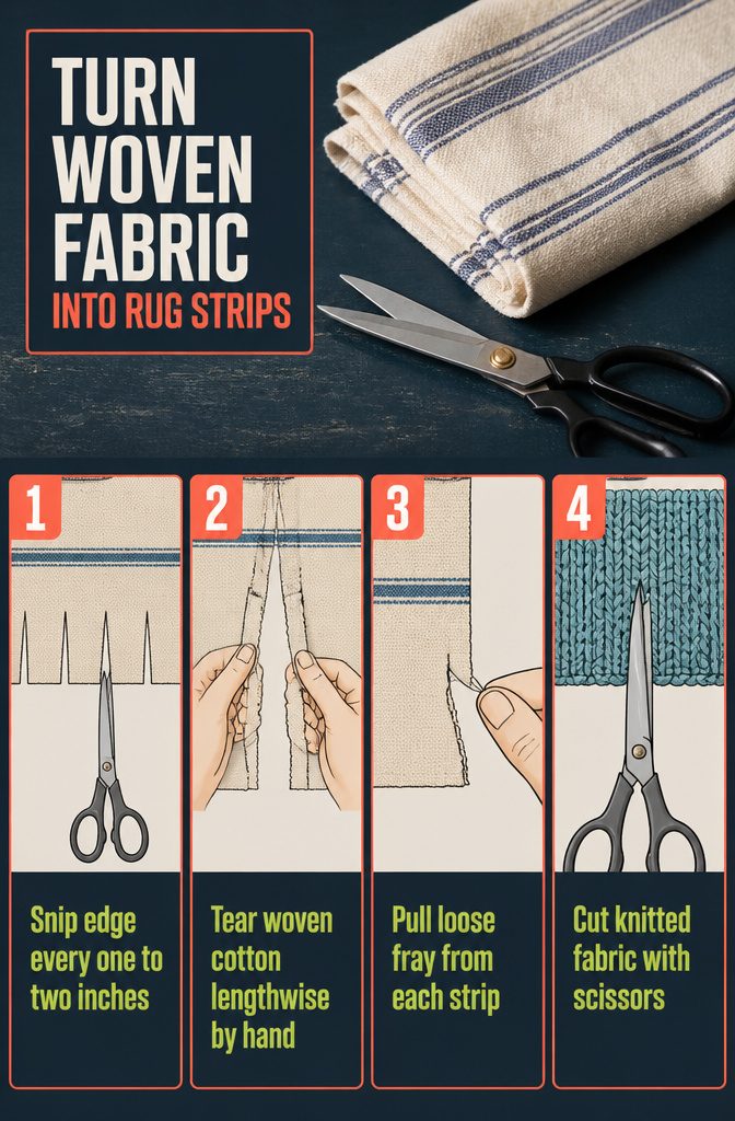 Woven fabric with short scissor cuts along one edge